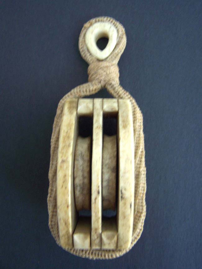 A 19th century ANTIQUE Whalebone 'Double' Ships' Block with whalebone grommet and fancy ropework — image 2